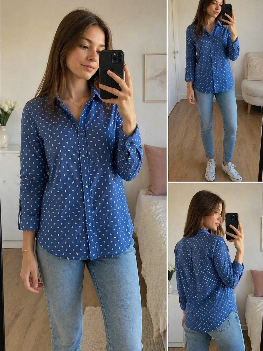 Tommy Hilfiger Blue Button-Up Shirt XS Classic Fit Polka Dot Cotton